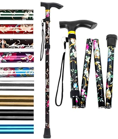 Hataf Adjustable Walking Stick 85cm-95cm, Folding Walking Sticks for Women/Ladies, also for Men, Mobility Aids, Walking Sticks with Rubber Ends (Black Flowers)