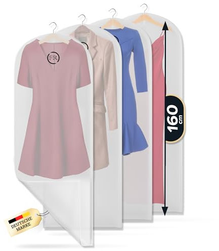 FiRiO® 4 x Premium Kleidersack lang 160 cm - Kleidersäcke mottensicher, atmungsaktiv & wasserfest - Hochwertige Kleiderschutzhüllen für Anzug, Mantel & Kleid - Transparente Kleiderhüllen - 160x60cm