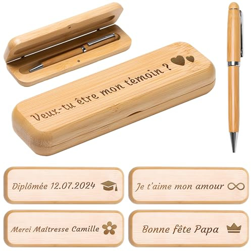 KDO MAGIC - Stylo personnalisé - Coffret personnalisable - Prénom et logo gravé - Gravure laser - Set d'écriture en bois - Cayon et étui - Cadeau maîtresse, maître, mariage, témoin