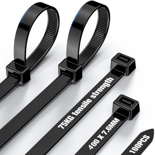 NORSHY Kabelbinder Schwarz Wiederverschließbar 400 mm x 7,6 mm, Cable Ties UV-Beständig 75KG Ultra Stark, Hitzebeständig Zip Ties 100 Stück für Kabelmanagement,Gartenarbeit,Werkstätten