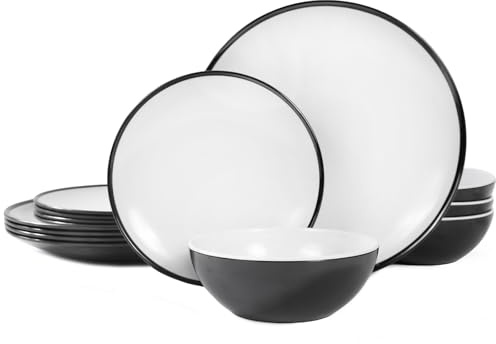 Melamine Plates Set of 4 –12-Piece Serving Dinnerware for Indoor/Outdoor Use, Durable Dishwasher-Safe Plates‌,White and Black