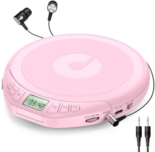 Gueray Reproductor de CD Portátil con Auriculares Pantalla LCD Protección Anti-Saltos HiFi Clásico Función de Memoria Prog Reproductor CD Personal para Coche Hogar (Rosa)