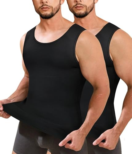 Junlan Men Compression Shirt Vest 2 Pack Slimming Body Shaper Tummy Control Shapewear Tank Tops Seamless Undershirts (Black/Black,2XL)