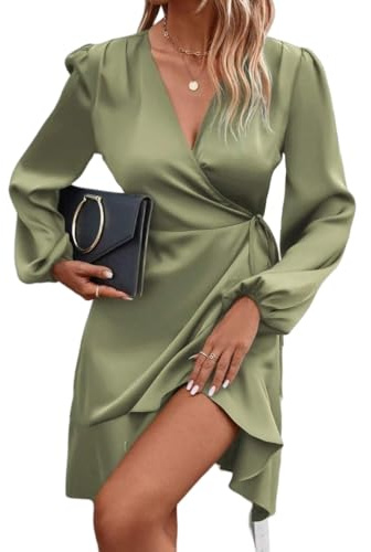 LIUYUYOUGO Abiti Eleganti Donna Abito Corto da Donna in Raso di Seta con Scollo A V E Cintura in Vita A Maniche Lunghe Elegante con Balze Arricciate Asimmetrico Elegante da Sera per Feste Matrimoni