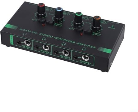 Autilyshop Ultrakompakt stereohörlurar 4 och 6 kanaler metallförstärkare med individuell volymkontroll stereoomkopplare och strömadapter för studio och scen för (4 kanaler)