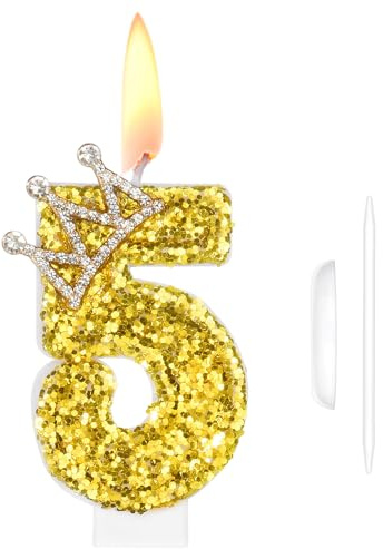 HOTUT Velas Cumpleaños Oro Numeros 5,Velas de Corona con Número 5 para Tartas,Decoración de Pastel de 5 Cumpleaños para Niñas,Fiestas,Aniversarios