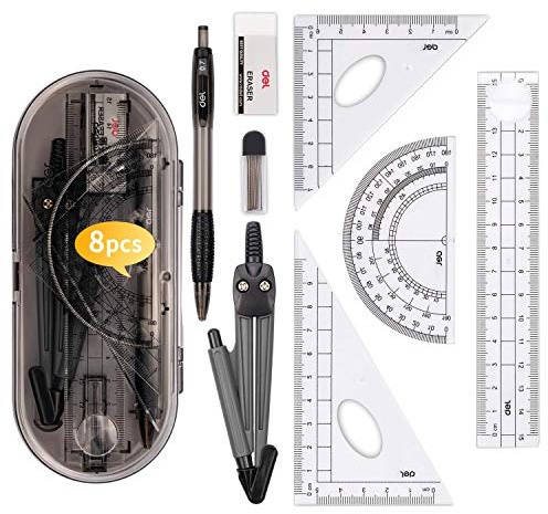 8 pz Set con Compasso,Kit Scuola Elementare Geometria con Bussola,Disegno Bussola,Goniometro,Righelli,Ricariche Piombo Matita,Matita,Gomma,Compasso Scuola con Cofanetto per Studenti e Insegnanti