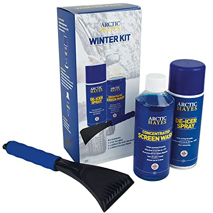 Arctic Hayes 3 Pieces Winter Essential Car Care Kit with De-Icer Spray (400ml), Ice Scraper & Concentrated Screen Wash (500ml)