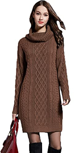 HZQIFEI Robe Pull Femme Automne-Hiver, Mini Tricoté à Col Haut Mi-Longue Chandail Slim Fit (As Photo, L)