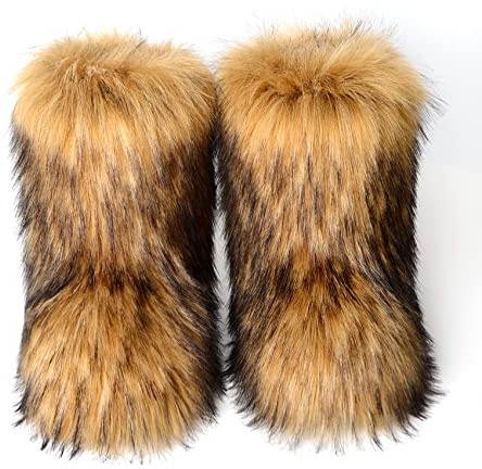 yamerbo Faux Fur Boots for Women, Fuzzy Flurry Furry Leg Warm Boots, Winter Mid-Calf Snow Shoes, Fashion and Comfortable Outdoor Girl Brown Faux Fox Fur 7.5