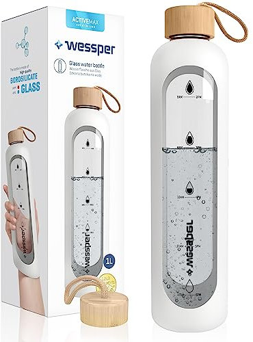 Wessper Bouteille d’eau 1L de Motivation en verre avec temps horaire, Sans BPA, Gourde en verre hermétique 1000 ml avec couvercle en bambou réutilisable avec housse en silicone – Blanc