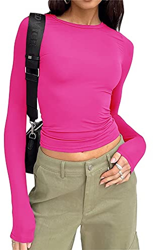 Women's Slim Fit Crop Tops Casual Solid Color Crew Neck Long Sleeve Tight T-Shirt Basic Blouse Tee Tops (Hot Pink, S)
