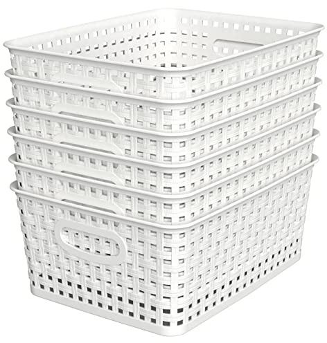 WYT Woven Plastic Storage Baskets, 6 Pack White Weave Bins Organizer, 10.1 x 7.55 x 4.1