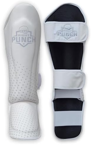 Right Punch Shin Guards Kickboxing Leg Pads with Instep Protection, Muay Thai MMA Martial Arts Kicking Sparring Training Gear â White & Silver (Large)