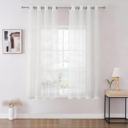 Joydeco Gardinen Kurz mit Ösen Transparente 2er Set, Optik Gardine Voile Ösenvorhang Ösenschal Durchsichtig Vorhang Kurz für Schlafzimmer Wohnzimmer Schlaufenschal (Weiß, 2xH137xB140)