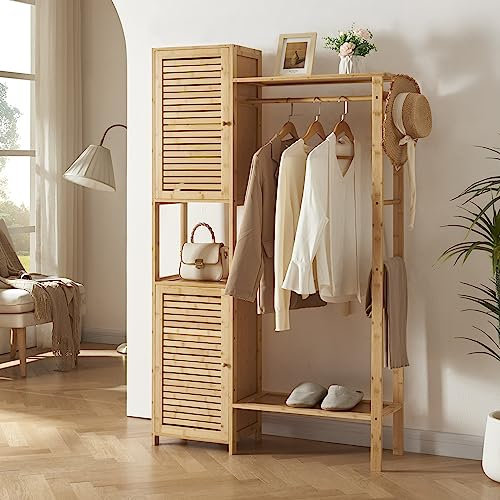 [en.casa] Kleiderständer Oldsum mit Kleiderstange 2 Schränke Garderobenständer Schuhablage Standgarderobe 164 x 99 x 29 cm Garderobenschrank Bambus