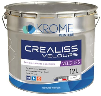 KROME PEINTURE - Krome Crealiss Velours – Peinture Opacifiante Acrylique pour Murs – Intérieur - Conditionnement 1L, Couleur BLANC