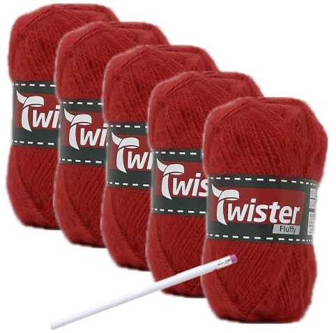 Camtiac Twister-Fluffy Häkelgarn super weiches Strickgarn Farbe: Rot-35 5x50g