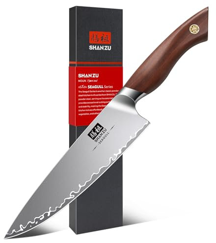 SHAN ZU Kochmesser Küchenmesser aus Amerikanischer S35VN-Pulverstahlkern 20CM Scharfe Profi Messer aus 5 Schichten Verbundstahl Chefmesser mit Ergonomischer Roter Sandelholzgriff- SEAGULL Series