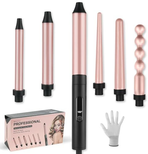 Flintronic Curling Wand, 6 in 1 Curling Tongs, Professional Styler Ceramic Hair Curler with Heat-Resistant Glove, Adjustable Temperature Curling Iron for Short & Long Hair