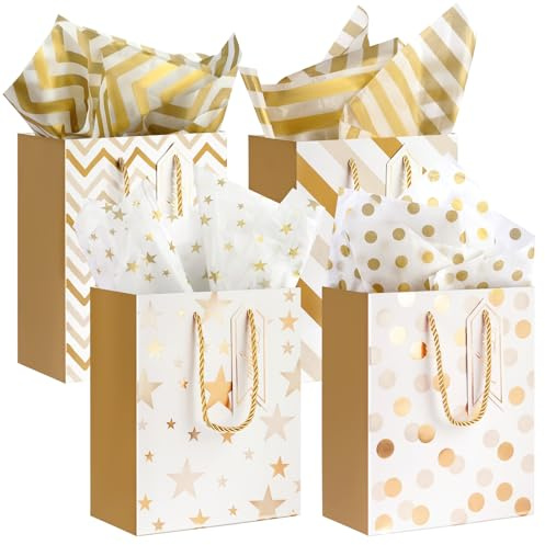 AMFUN Lot de 4 Pochettes Cadeaux avec Anse, Sacs Cadeaux en Papier, Pochettes en Papier avec Anse, Emballage Cadeau pour Noël, les Anniversaires, Mariages, Fête (Étoiles et Points)