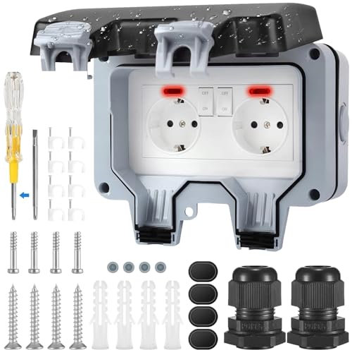 Prise Extérieure Ip66, Prise De Courant De Protection, 16a Double Prise Murale Ouverte, Prise De Jardin Extérieure à 2 Voies Avec Couvercle Pliant, Adapté Aux Pièces Humides, Jardin(6.61x4.33x3.93in)