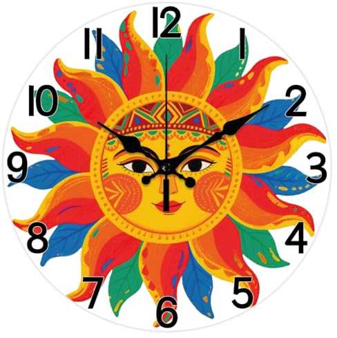 CHGCRAFT Reloj de pared con diseño de sol pintado a mano, reloj étnico sin tictac, reloj redondo decorativo de 30,5 cm, para decoración del hogar y la oficina