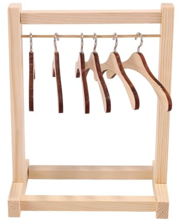 Lyreh Portant Vêtements Poupée avec Cintres, Mini Portant en Bois avec 6 Cintres pour Poupée de 17cm Mini-Armoire Accessoires pour Maison de Poupee(Couleur Bois)