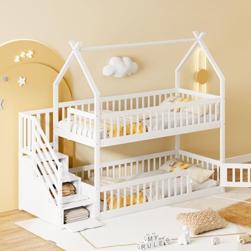 Sweiko Lit superposé pour Enfants 90 x 200 cm, Cadre de lit Simple en Bois Massif avec Toit, escalier sécurisé et tiroirs de Rangement (White)