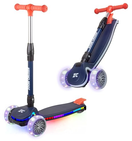 Zoom Cruzer Kids 3 Wheel Scooter - Big Wheels Light Up Scooter For Boys Age 4-8 - Height Adjustable Handlebars - Easy Foldable Design (Colour Blue)