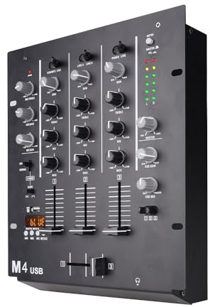 Yamnweo M4 mezclador de DJ de 4 canales (negro), mezclador de audio con Bluetooth y USB, crossfader, ecualizador de 3 bandas, control de ganancia y función de monitor de señal, tablero de sonido