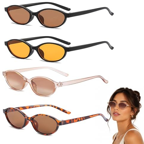 UZYXC Pack De 4 Gafas De Sol Retro Estrechas Mujer – Polarizadas Ovaladas Diseño Y2K, Monturas Pequeñas, Gafas Leopardo, Estilo Vintage 90s, Accesorios De Moda