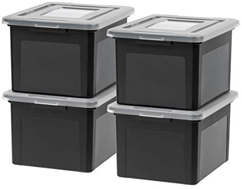 IRIS USA File Box, Plastic File Organizer with Lids for Letter/Legal File, Portable Document Box For Moving, Storage Bin with Durable and Secure Lid, Stackable Nestable BPA-Free, Black 35 Qt. 4 Pack