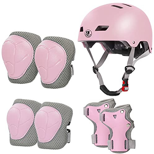 LANOVAGEAR Kinderhelm mit Knieschützern, Ellbogenschützern und Handgelenkschützern, 7-in-1-Schutzausrüstung Schonerset 2-8Jahre, für Skateboard, Fahrrad, Scooter, Rollschuh (Rosa,S)