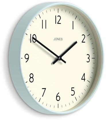 Jones Clocks® Studio clock | Modern round wall clock | 30cm | Pale blue | Easy to read numbers | Versatile design for kitchen, living room or office