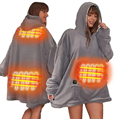 Sienna Heated Oversized Blanket Hoodie Womens Ultra Soft Sherpa Fleece Throw Snuggle Fluffy Wearable Hooded Sweatshirt, Charcoal Grey