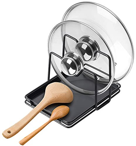 poeland Pot Lid Holder, 2 Layers Pot Lid Organizer Multifunctional Lid and Spoon Rest Rack with Drip Tray for Pot Lids, Spatulas, Spoons, Cutting Boards