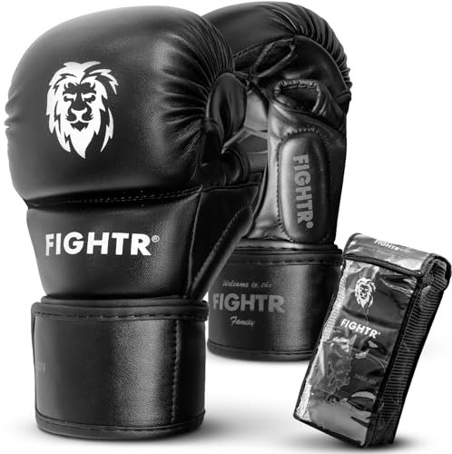 FIGHTR® MMA Sparring Handschuhe mit bestem Sitz für maximale Stabilität | mit extra Dicker Polsterung | für Sparring, MMA, Boxen, Kickboxen & Kampfsport 07 oz | inkl. Tragetasche (Schwarz, S)