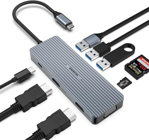 OBERSTER Hub USB C, adaptador USB C de triple pantalla 9 en 1 por 2 HDMI/VGA, Mac Pro/Air 5Gbps estación de acoplamiento rápida para dispositivos Dell, Surface, HP, Lenovo y tipo C (SD/TF+USB A