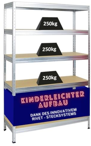 PROREGAL Étagère Charge Lourde Rivet | HxLxP 180x120x45cm | 250kg par Niveau | Système d'emboîtement innovant | Galvanisé | Étagère Robuste de Garage, Atelier, Cave, sous-Sol, Stockage, Rangement
