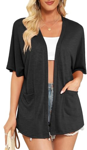Wiwclo Veryoung Women's 2026 Lightweight Summer Cardigan Short Sleeve Cardigans for Women Open Front Casual Loose Cover Up with Pockets, Black, Large