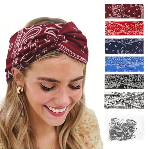 6 Pieces Wide Hair Band Scarfs, Elastic Soft Knotted Headband, Flower Head Wrap Bandanas, Wide Wavy Print Headscarf, Bohemian Style Cotton Headbands, Multicoloured Yoga Sport Hairband for Girls Women