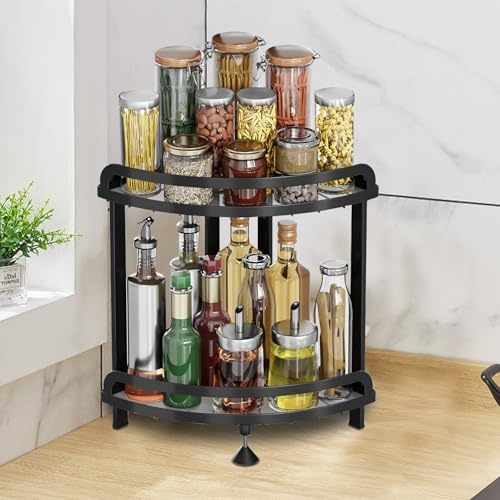 Gemsaya Étagère à épices de cuisine à 2 niveaux, étagère d'angle en acier inoxydable, 33 x 23 x 35 cm, étagère de rangement d'angle noire pour cuisine, salle de bain, salle à manger, bureau