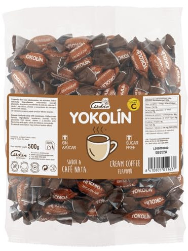 Caramelos Cerdán - Caramelo sin Azúcar Yokolín Sabor Café-Nata con Vitamina C | Bolsa de 150 Uds - 500grs | Caramelo Duro Sin Gluten ni Alérgenos | Ideal para Fiestas, Eventos y Cumpleaños
