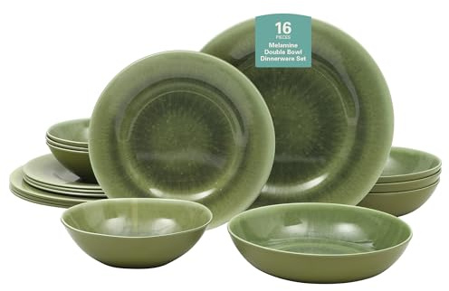Gibson Home Casper Court 16-Piece Melamine Dinnerware Set – Green Reactive Glaze Look Plates and Bowls, Service for 4 – Top Rack Dishwasher Safe Everyday Dining Set