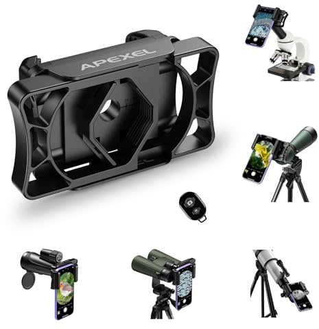 APEXEL Adaptador Universal para teléfono móvil con Disparador Remoto, Compatible con prismáticos binoculares monoculares y microscopios, Adaptador de Soporte telescópico, fácil de Usar, Adecuado para