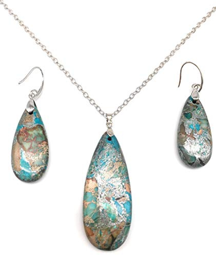 xinpeng Teardrop Sea Sediment Imperial Jasper Natural Stone Gemstone Necklace Pendant & Drop Dangle Hook Earrings Jewelry Set For Women (Blue Sea Sediment Imperial Jasper)