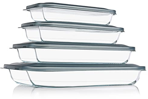 KOMUEE 8 Pieces Glass Baking Dish with Lids Rectangular Glass Baking Pan Bakeware Set with Lids, Baking Pans for Lasagna, Leftovers, Cooking, Kitchen, Fridge-to-Oven, Gray