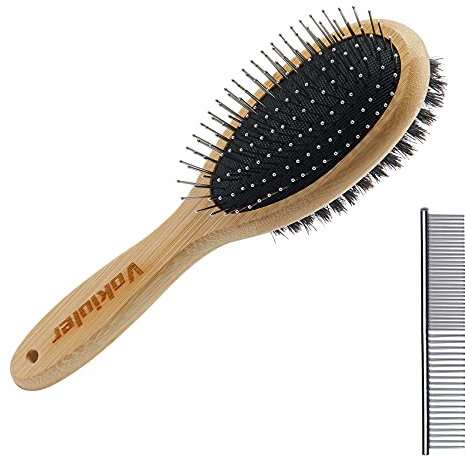 Vokiuler Hundebürste Katzenbürste, doppelseitige Borsten-und Nadelbürste für die Hundepflege, Fellbürste mit echten Wildschweinborsten mit Bambusgriff für langes kurzes Haar,2er-Pack Hundekamm,M