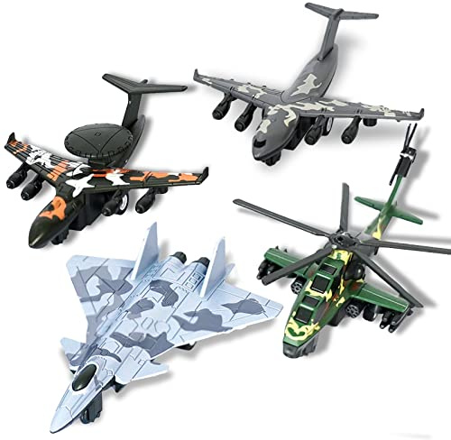 Crelloci 4PCS Army Airplane Toys Set-Diecast Aircraft Plane Model Kit Military Fighter Jet Playset Helicopter Camouflage Pull Back Aircraft Kids Play Vehicle for 3+Year Old Boys Girls